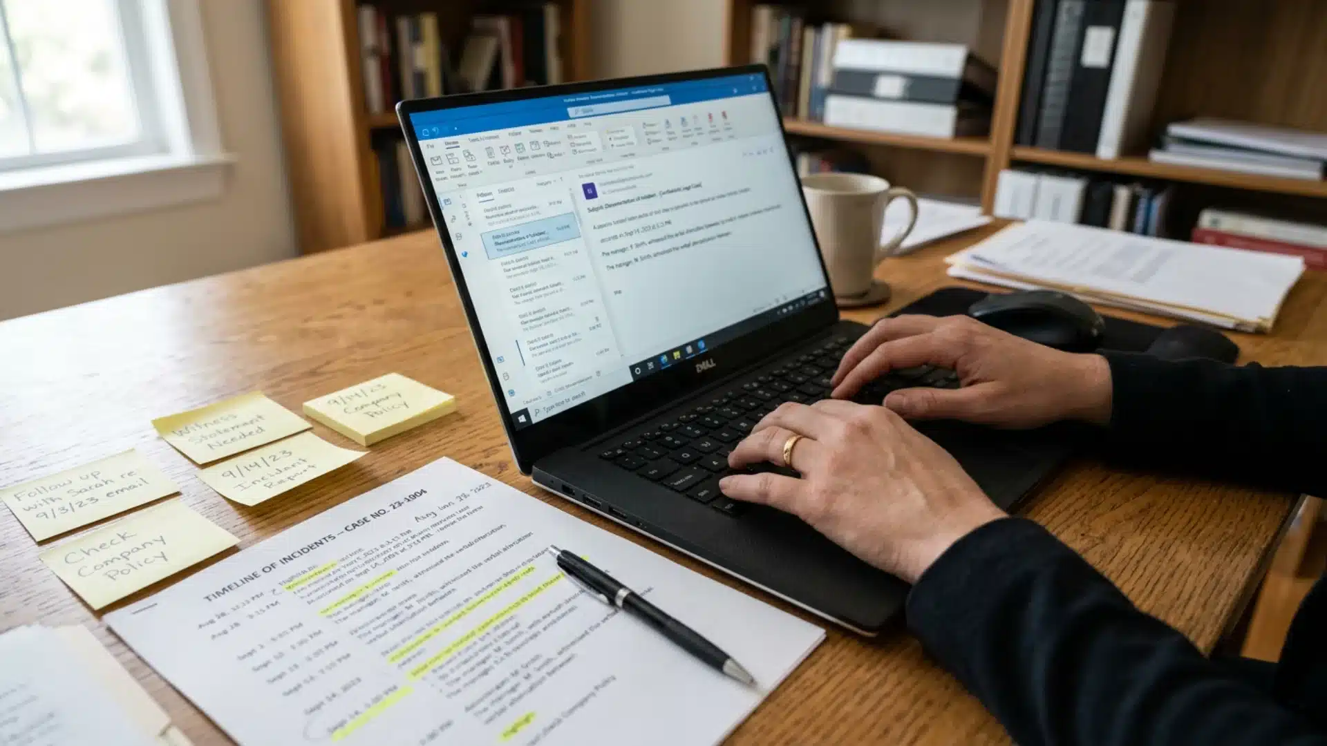 Worker documenting age discrimination evidence on a laptop, including emails and a printed workplace incident timeline.