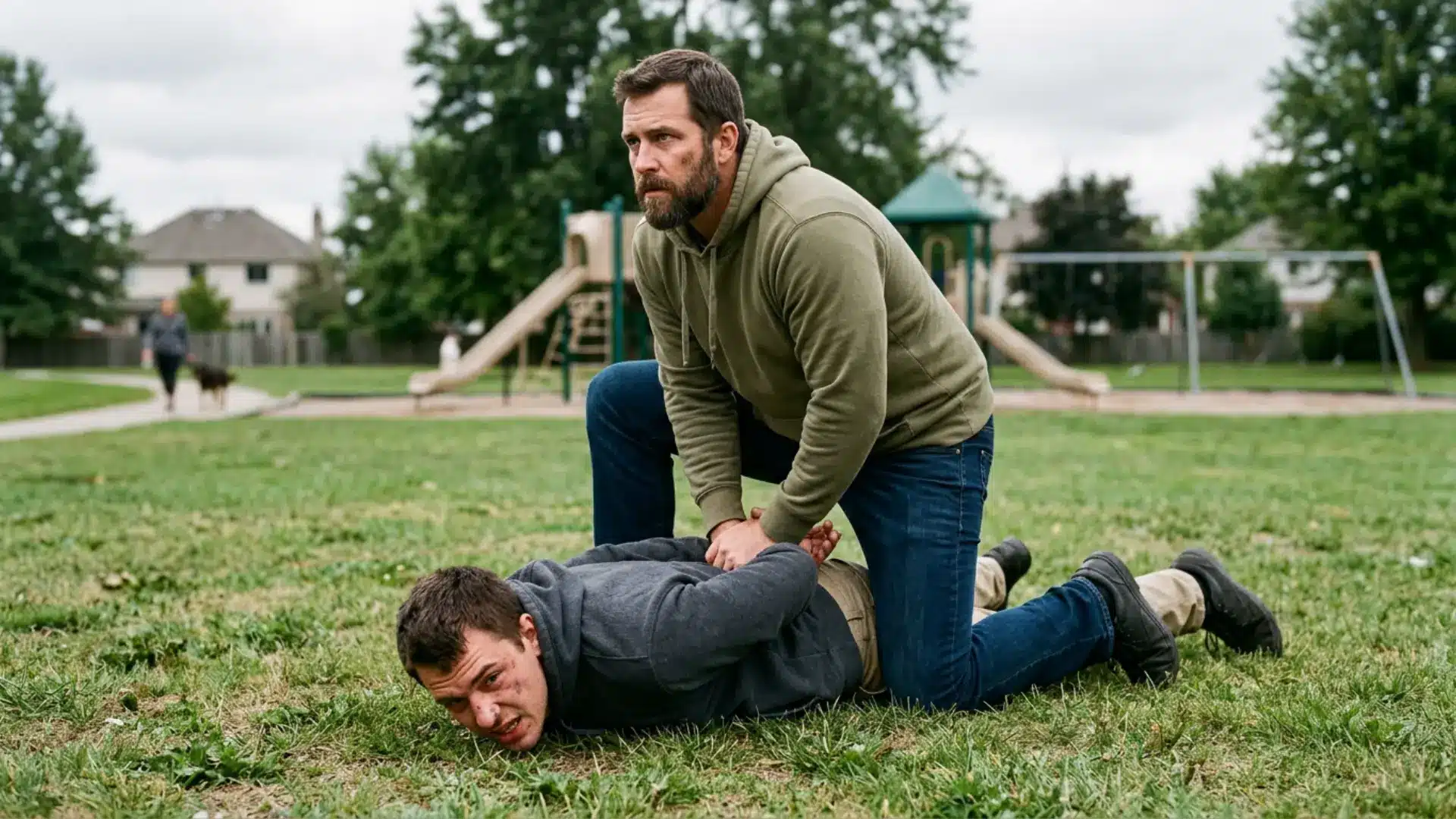 a man pins another man to the ground