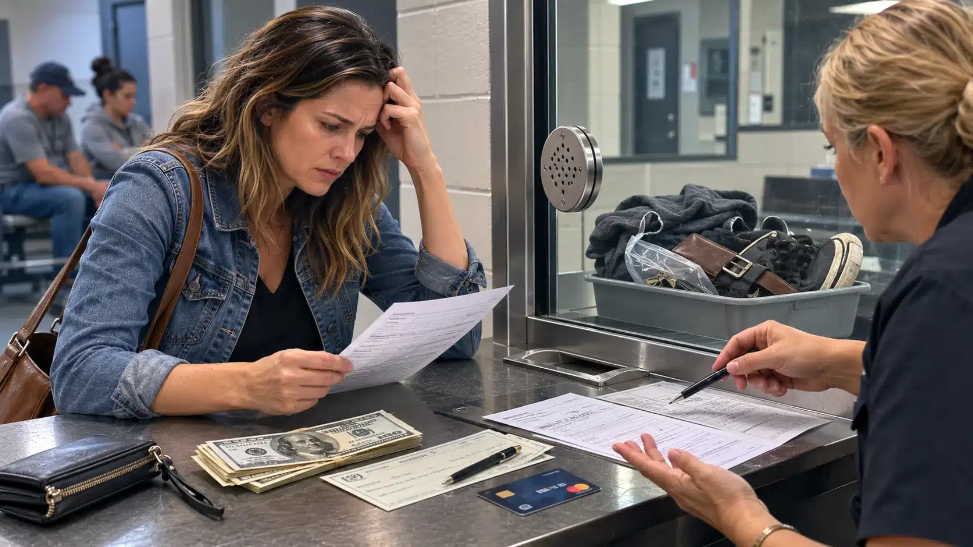 Person reviewing cash, identification, and bail paperwork at a jail payment counter