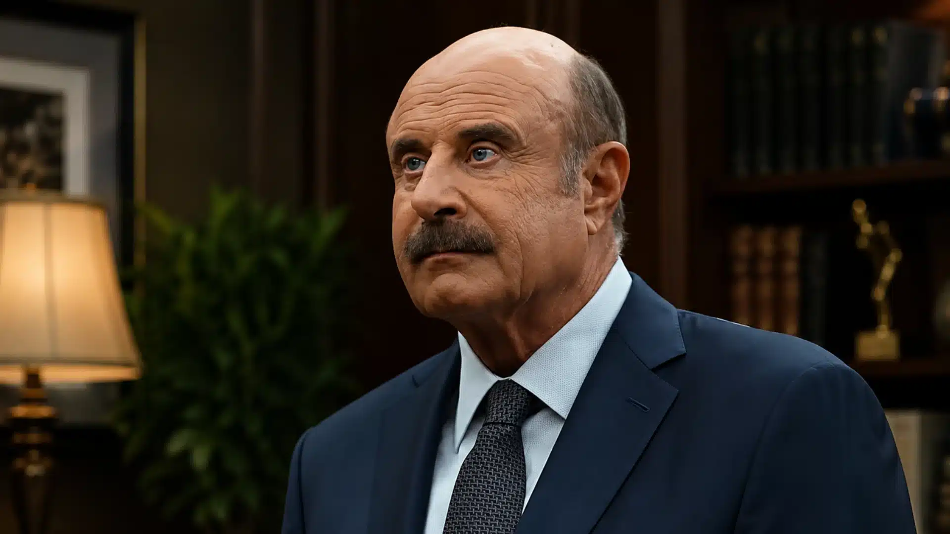 Close-up portrait of Dr. Phil in a navy suit standing inside a warmly lit executive office