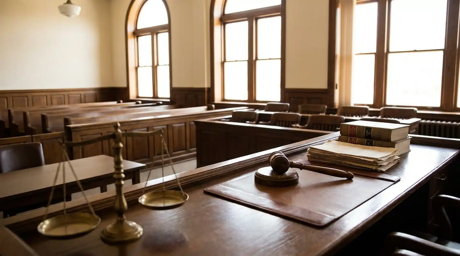 Empty courtroom with a judge's gavel and scales of justice representing an acquittal and not guilty verdict.