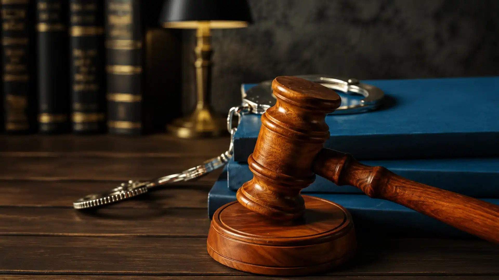 Photorealistic wooden judge's gavel on a sound block beside law books and handcuffs