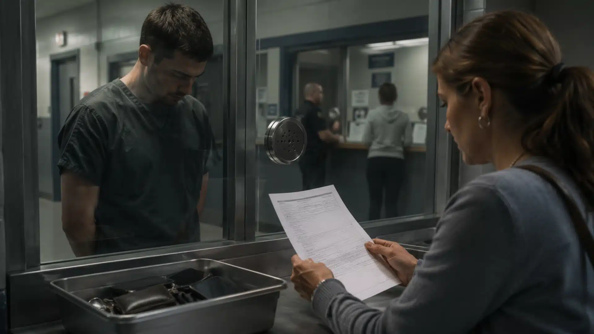 Detained person separated from money and belongings while a relative reviews bail paperwork