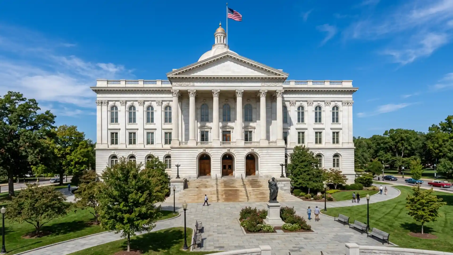 County courthouse with flag, columns, trees, and people outside (2)