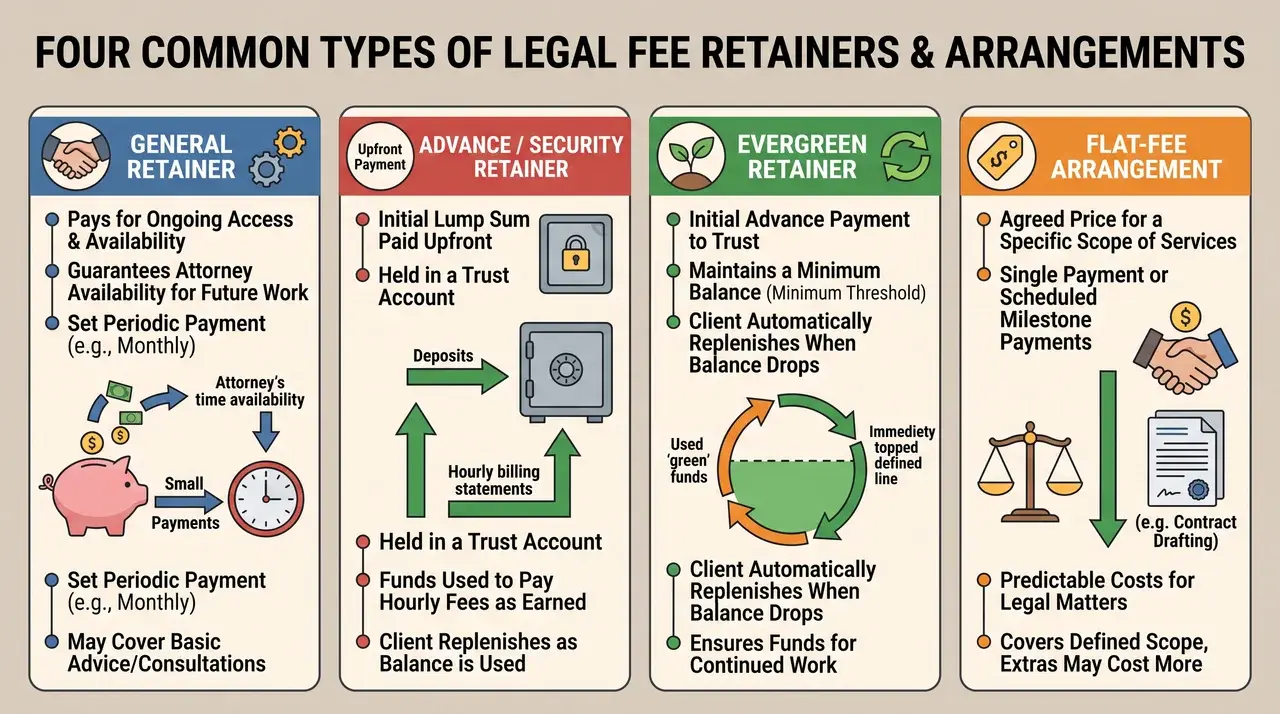 Diagram comparing four retainer types, general, advance, evergreen, and flat-fee
