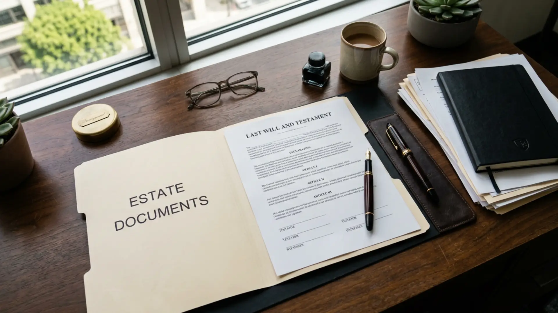 Estate documents and will papers on a desk.