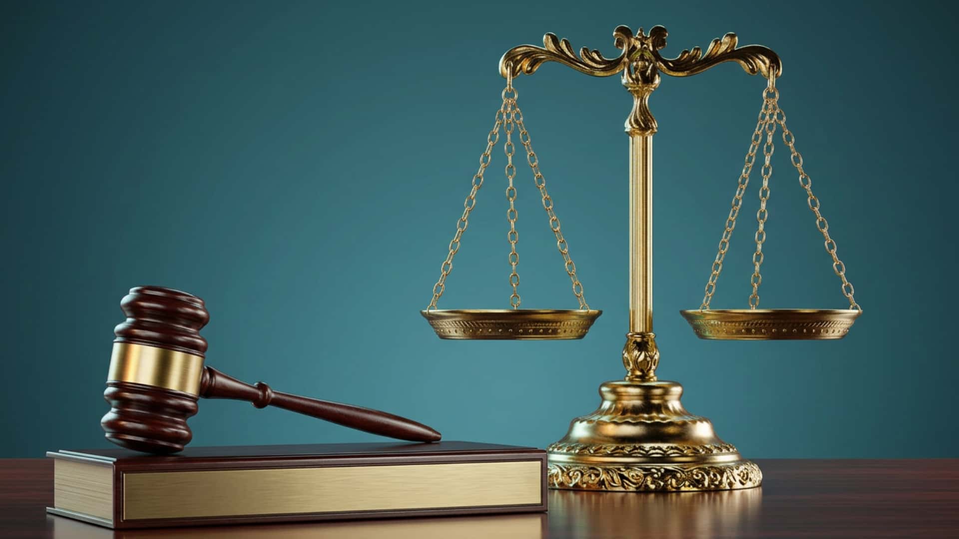 Gavel and balance scale on a legal desk.