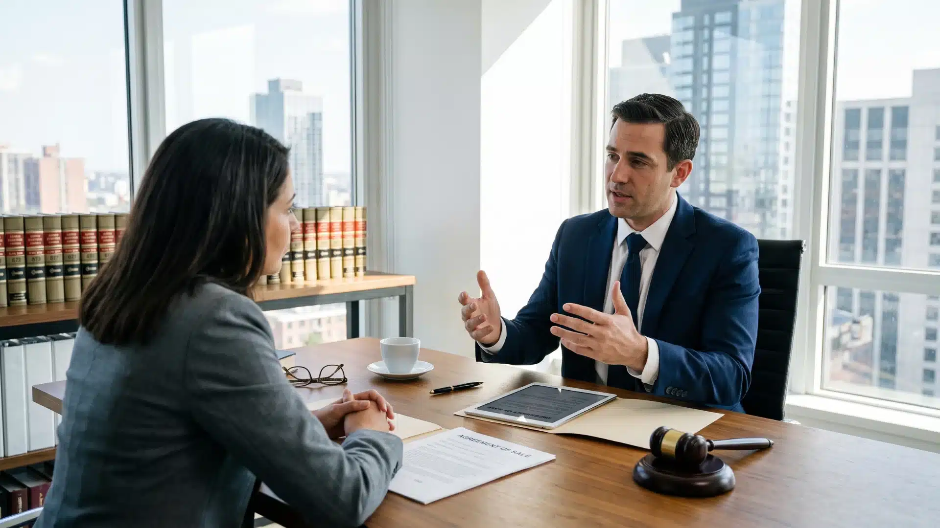 Lawyer consulting with a client across an office desk