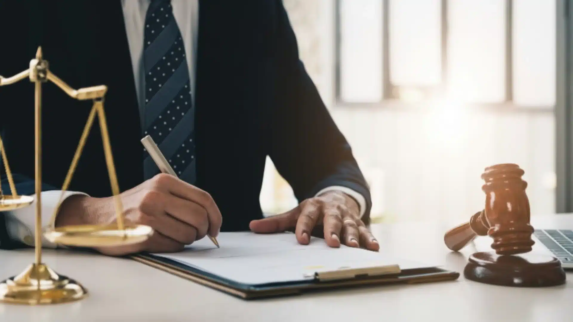 Lawyer signing legal documents with scales and gavel on desk