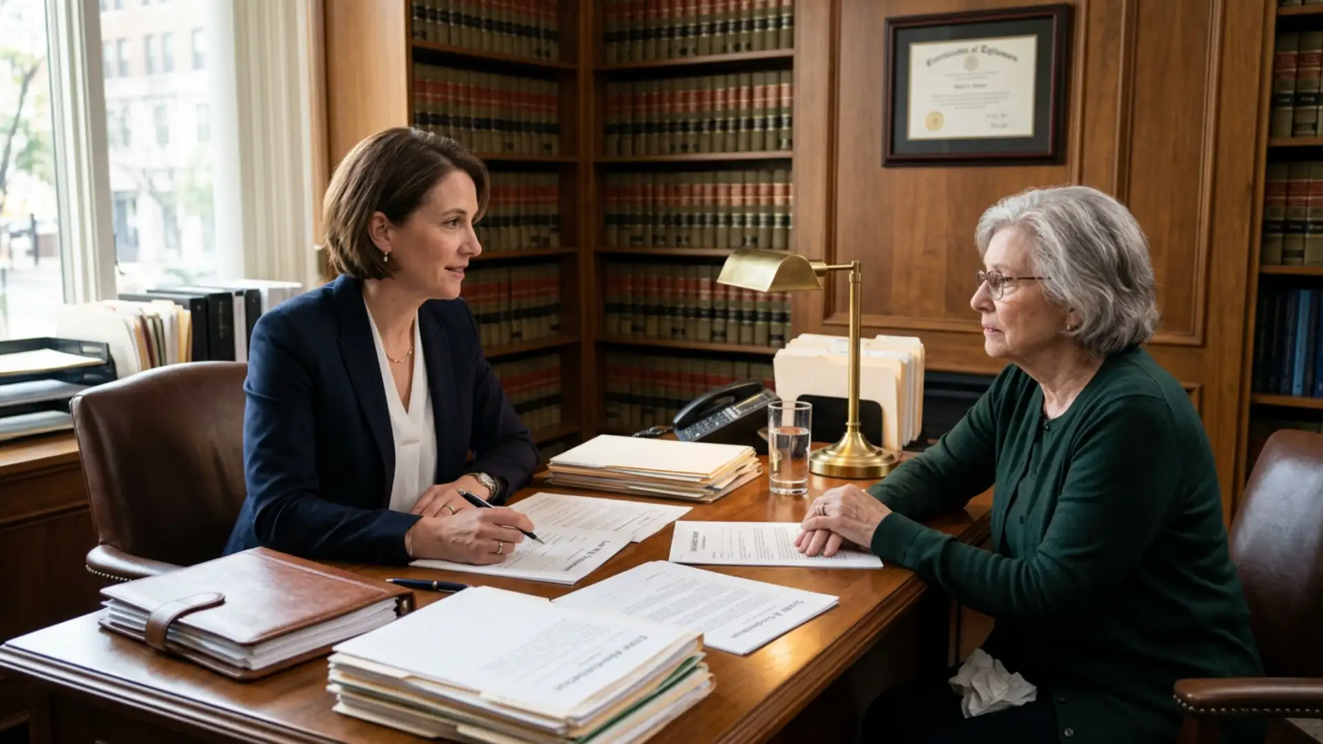 Lawyer speaking with a client in an office.