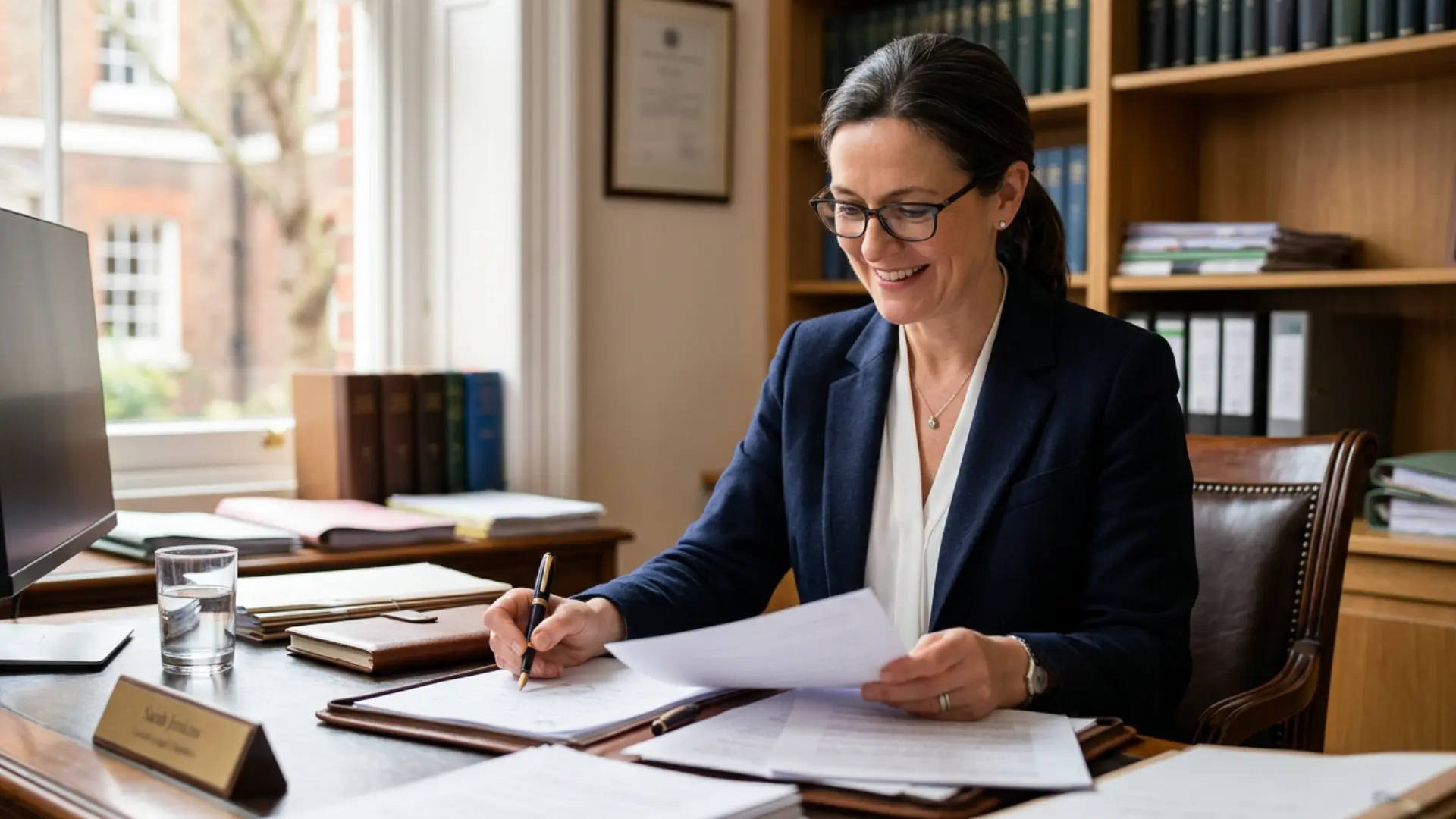 Solicitor reviewing documents at her office desk.