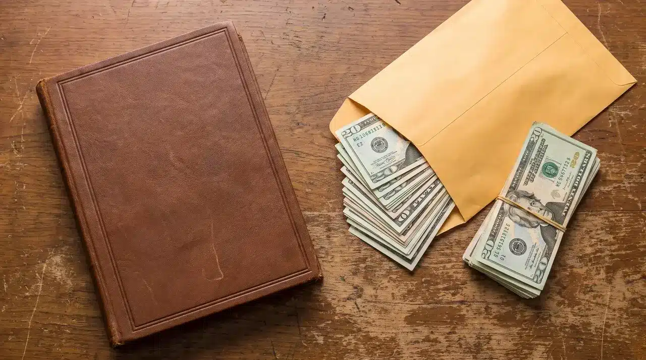 Stack of cash split into two piles, one portion placed inside an open envelope