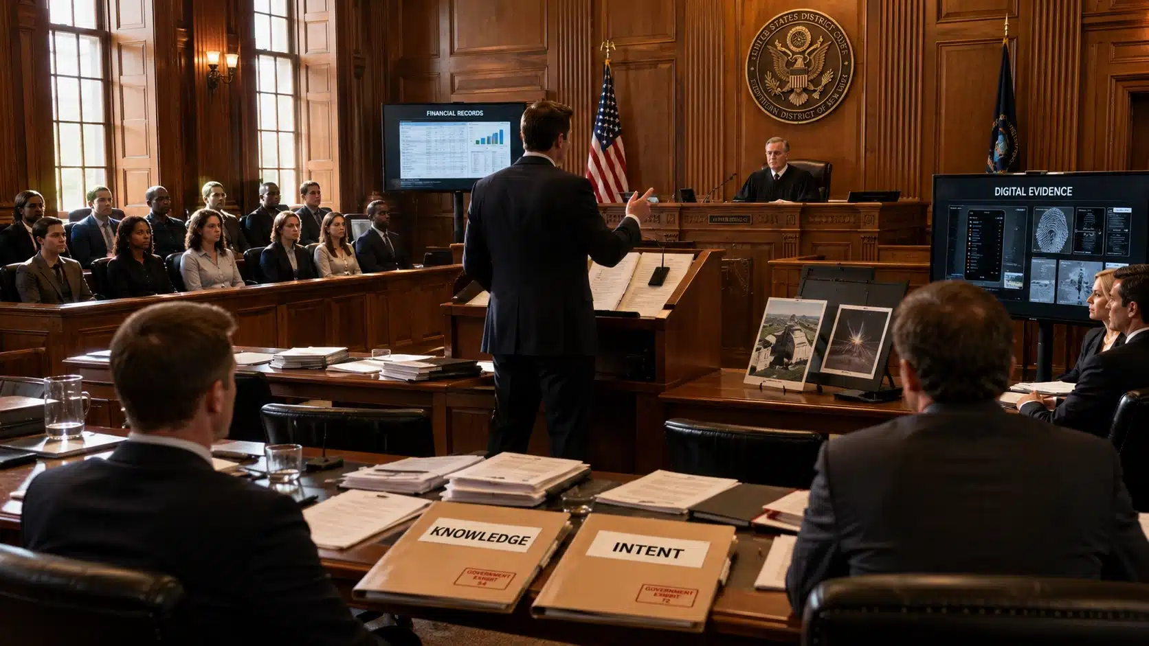 Federal prosecutor presenting evidence proving knowledge and intent required in an obstruction of justice criminal case.