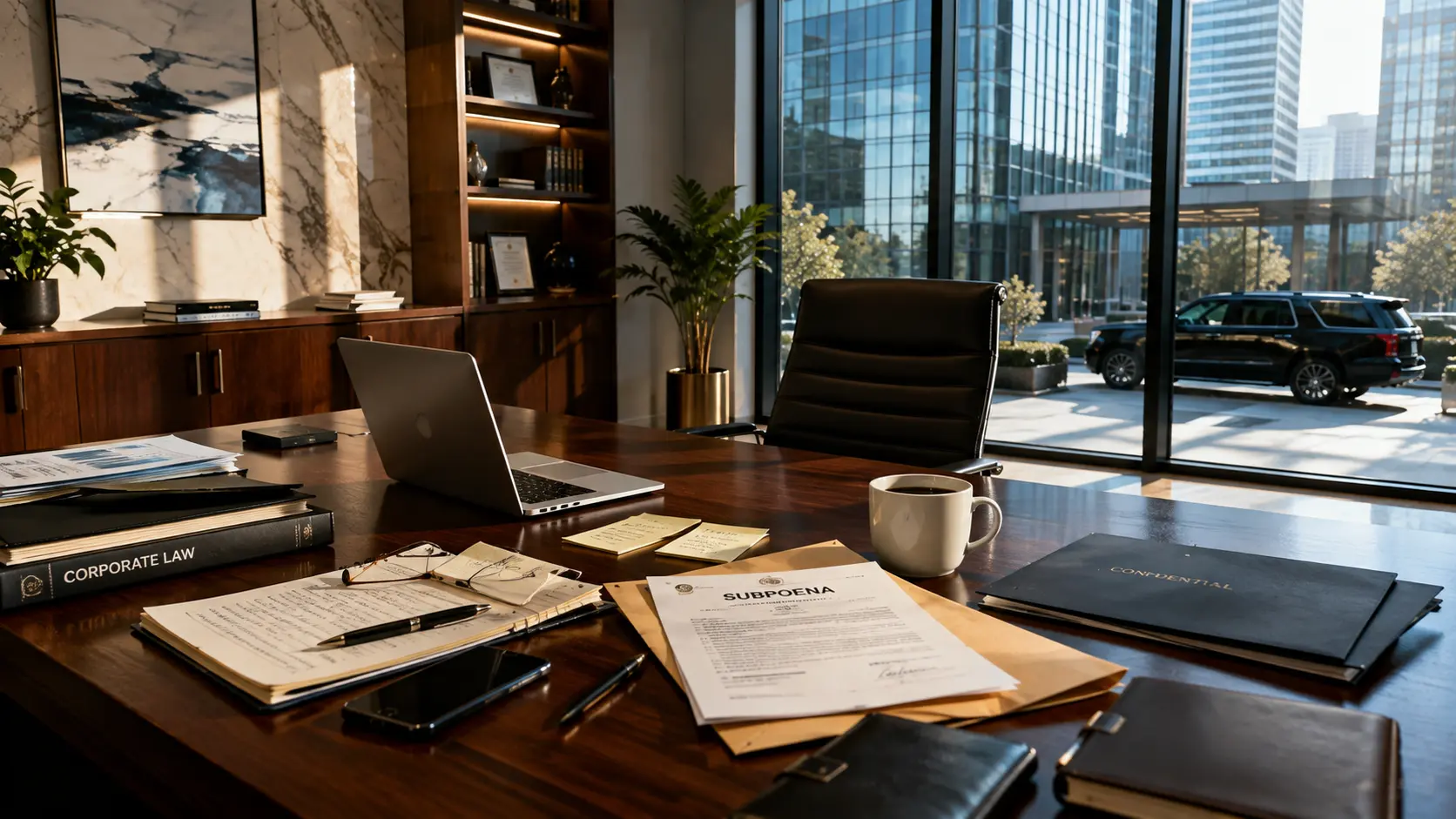 Business executive reading a subpoena after learning about an active investigation before alleged obstruction of justice.