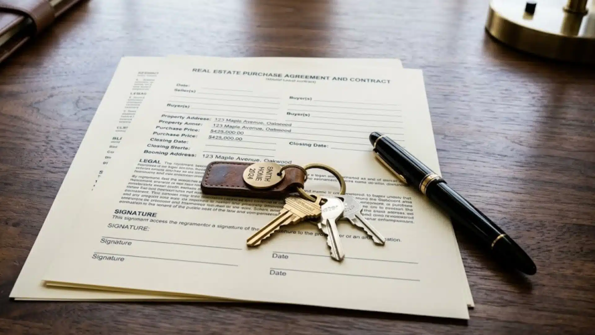 A real estate contract and house keys away across a dark wooden table.