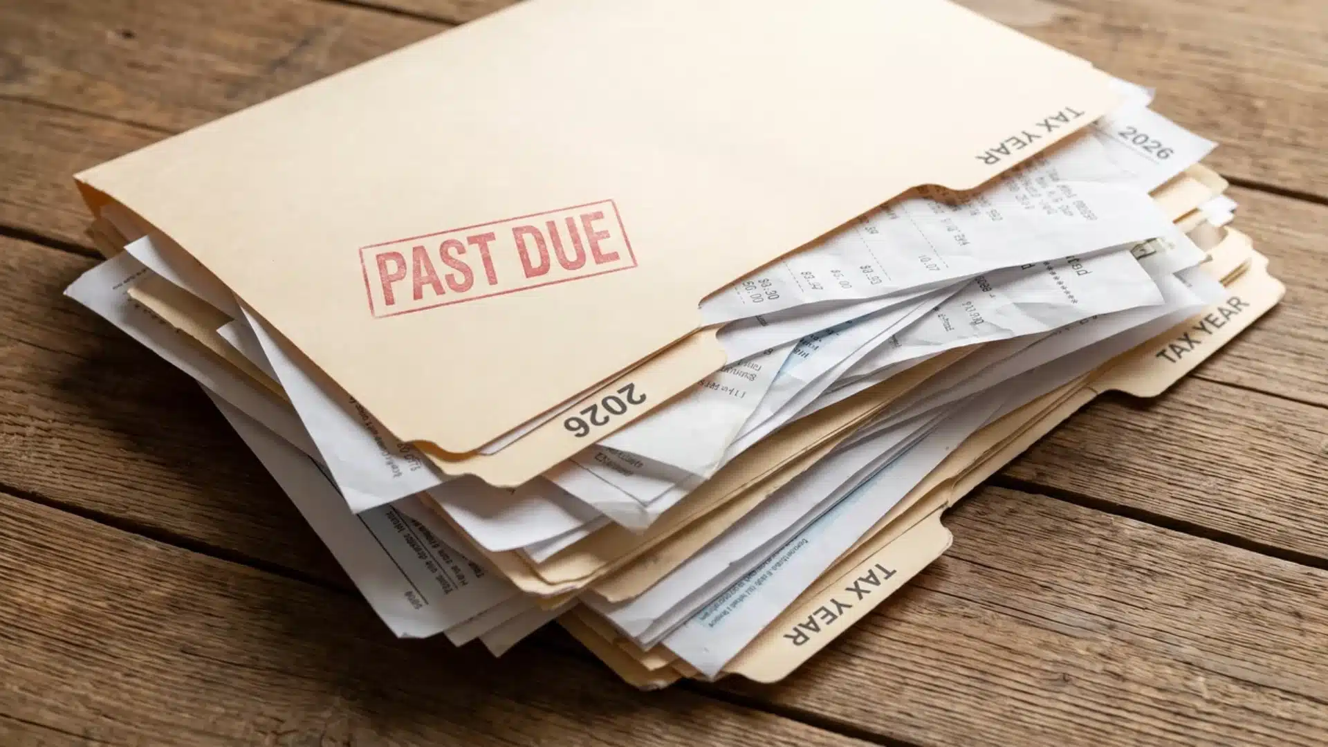 A stack of tax folders stamped past due filled with various financial receipts on wood.