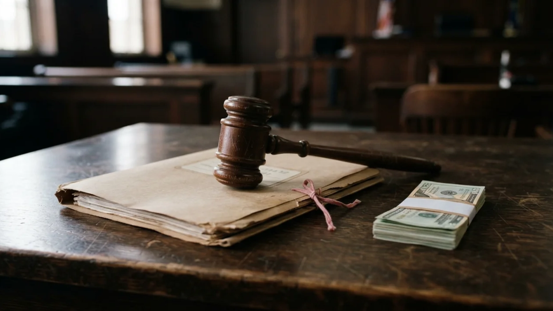 A wooden judge gavel resting on a legal document folder beside a stack of money.