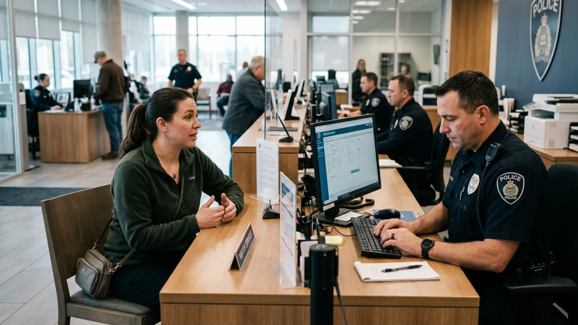 Adult filing a police report at a police station reception desk (1)