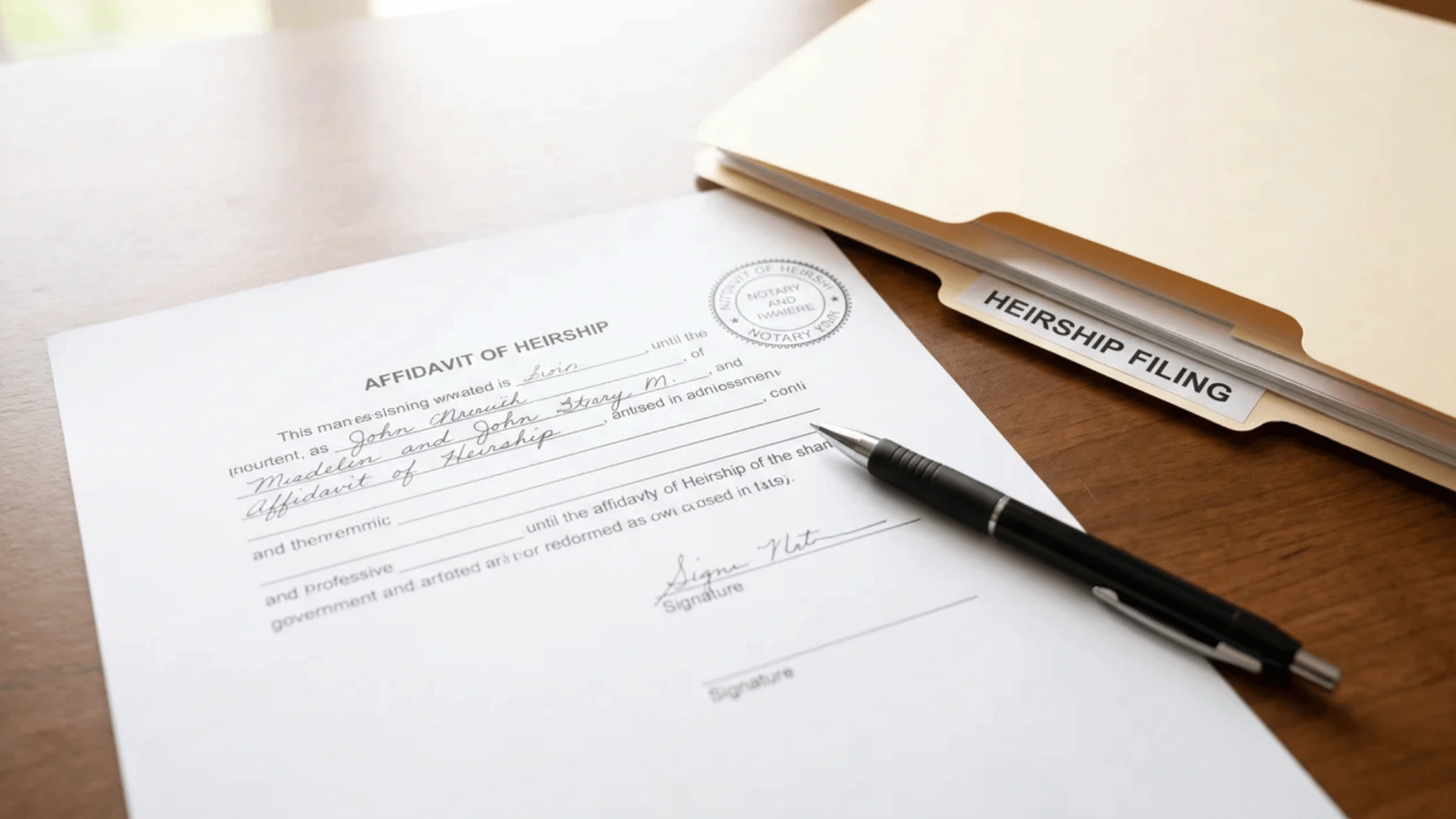 Affidavit paperwork with pen and filing materials on a desk
