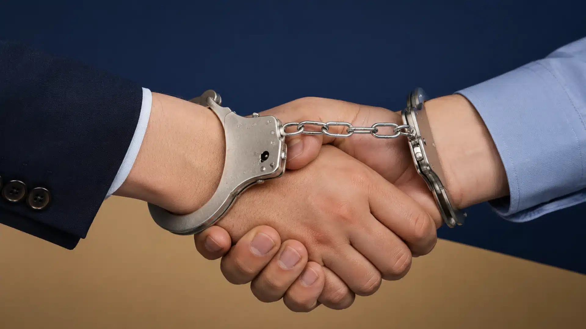 Two cuffed hands shaking to represent aiding and abetting in a criminal legal case