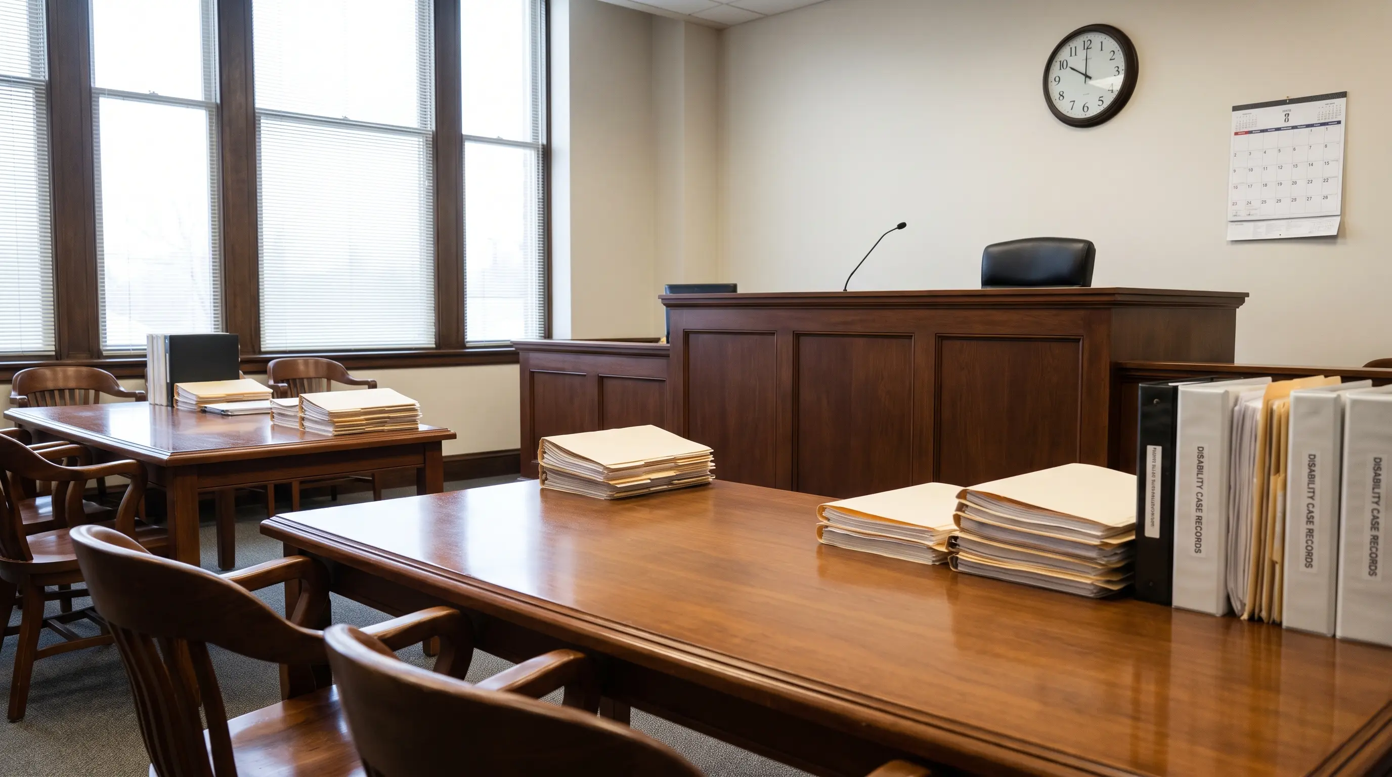 Formal ALJ hearing room with a judge’s bench, case records, microphone, clock, and calendar.