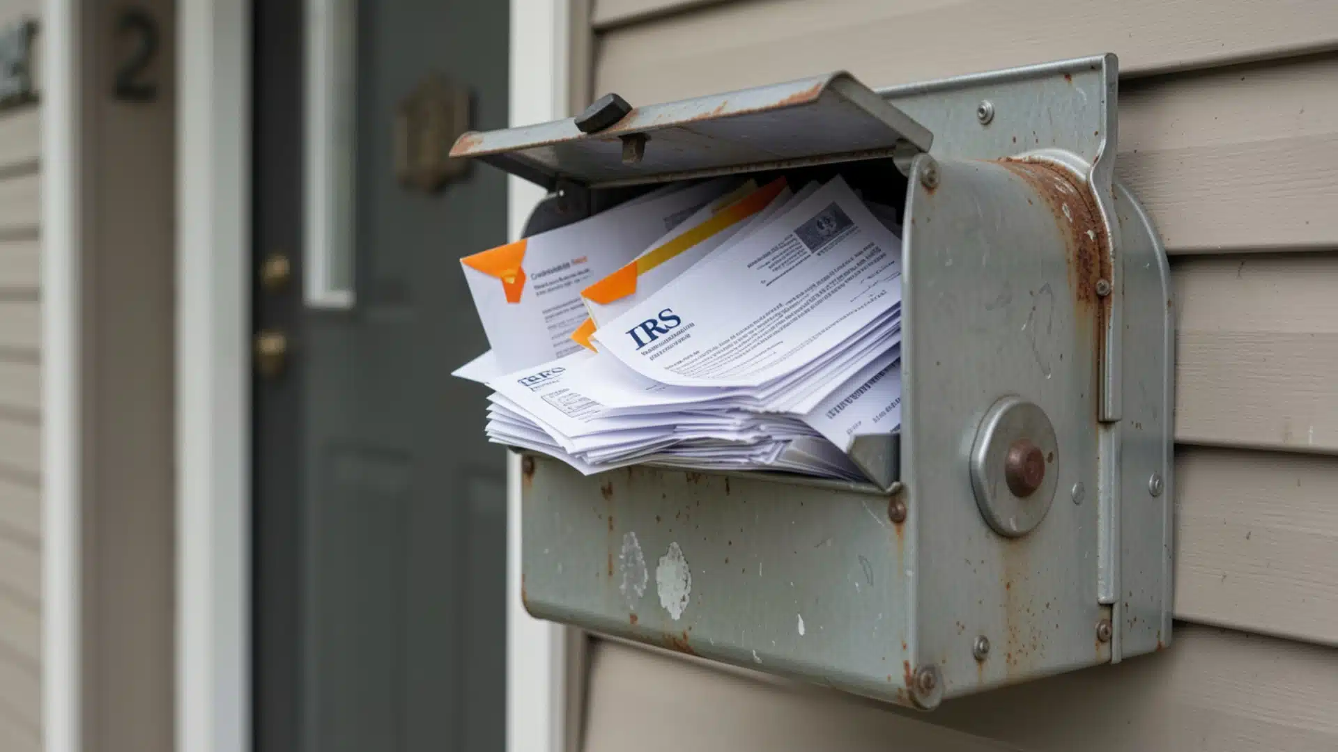 An outdoor metal mailbox overflowing with official IRS letters and tax mail near a front door.
