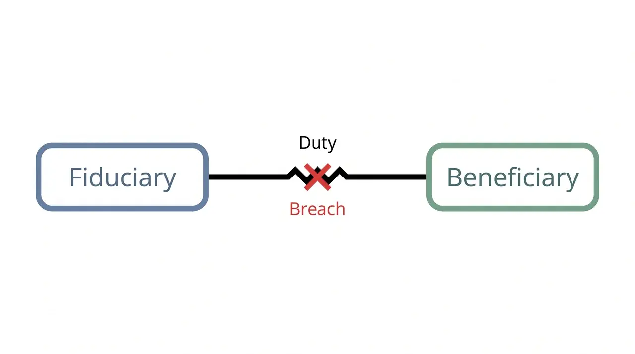 Diagram of fiduciary and beneficiary connected by a duty line with a breach point
