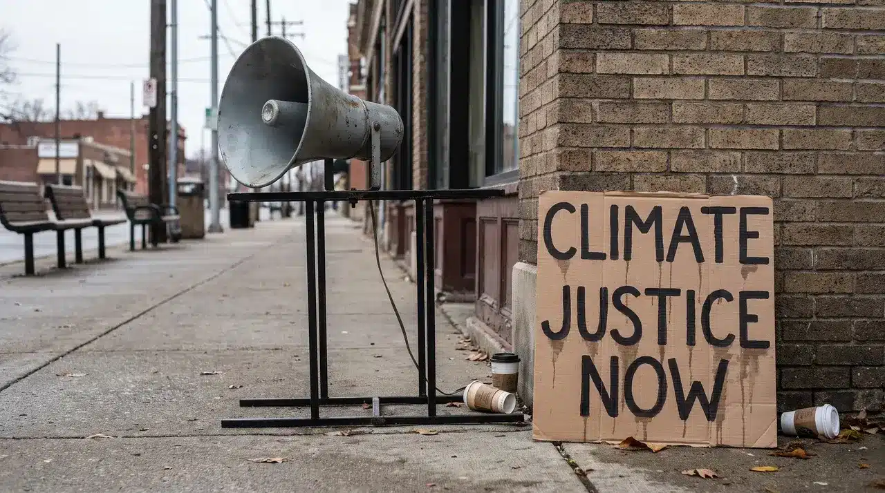 Public sidewalk with a megaphone speaker and a leaning protest sign