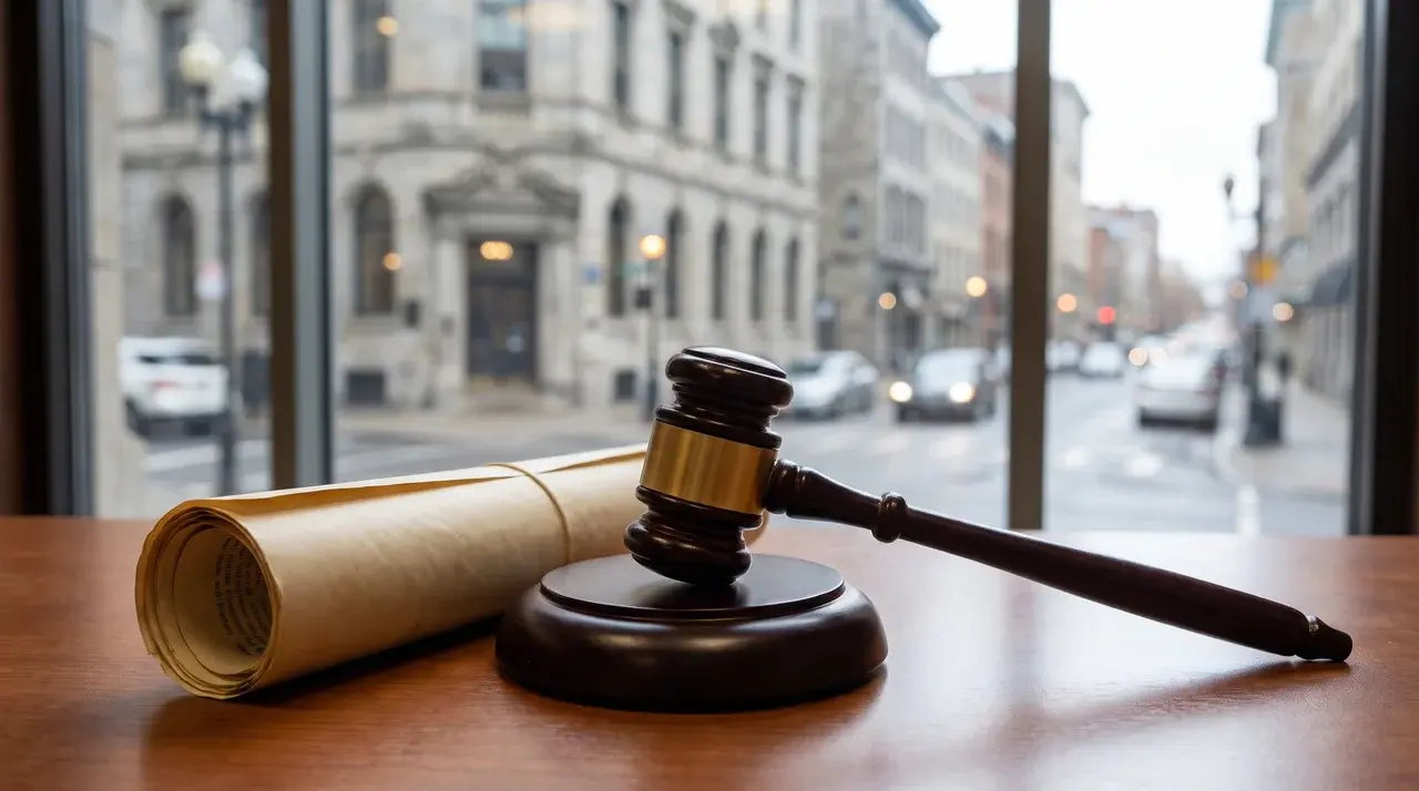 Gavel on a legal document with a city street blurred in the background