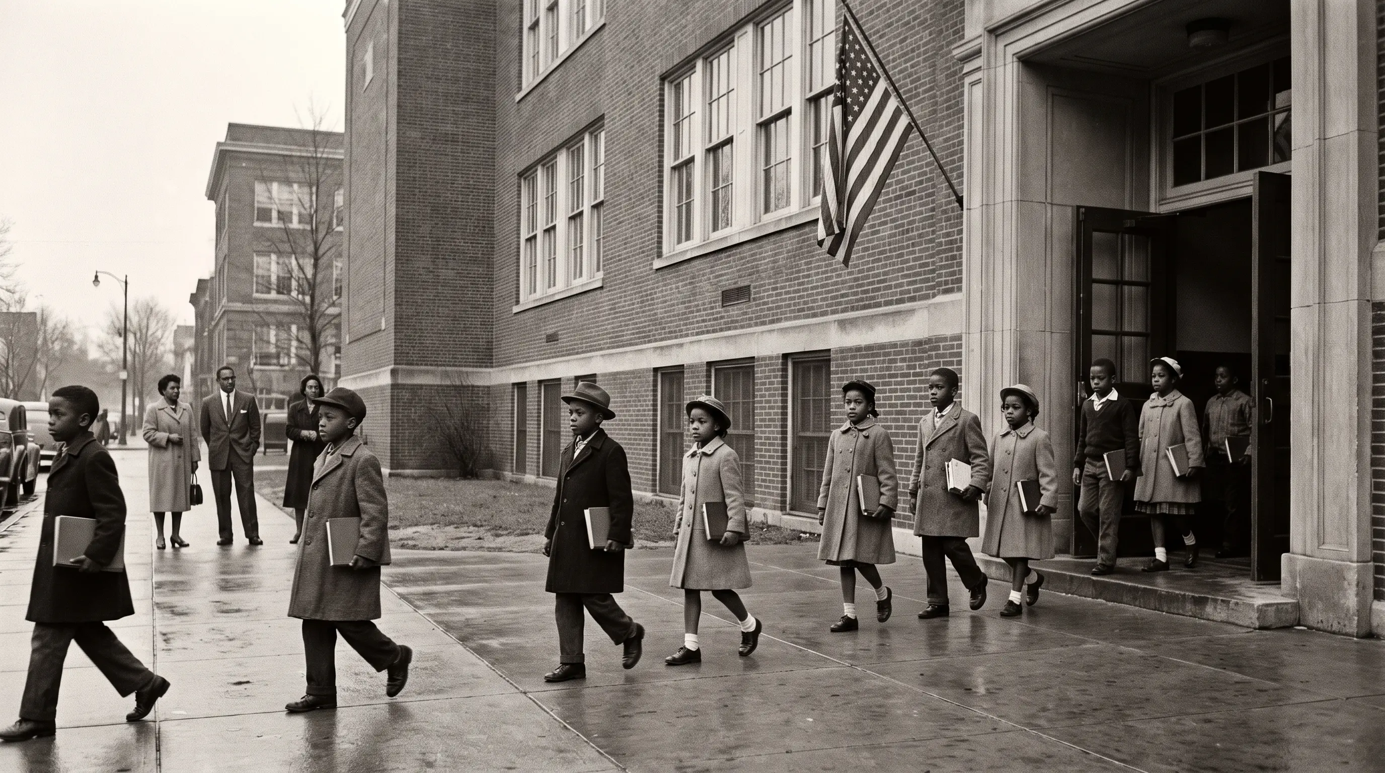 Black children approach a 1950s public school, representing the Brown v. Board of Education case.