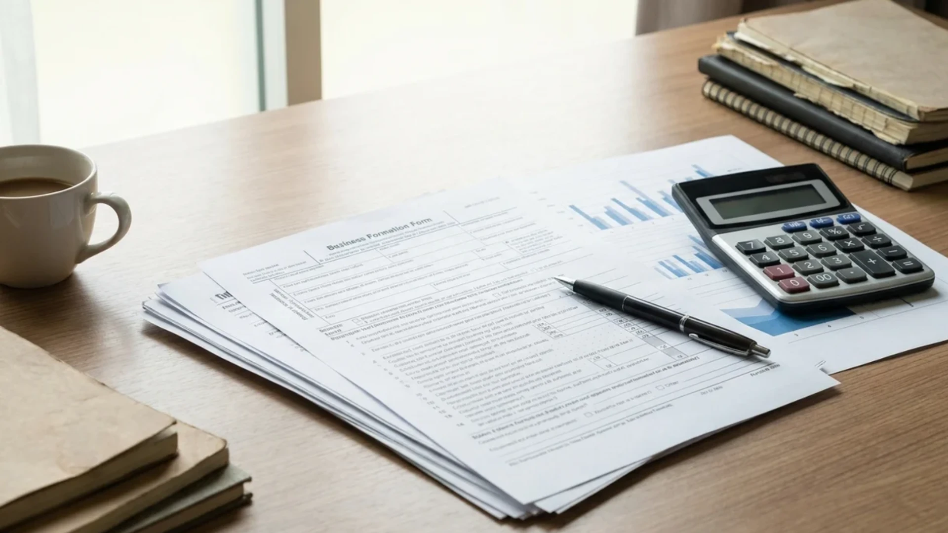 Business formation paperwork charts calculator pen and coffee cup on wooden desk