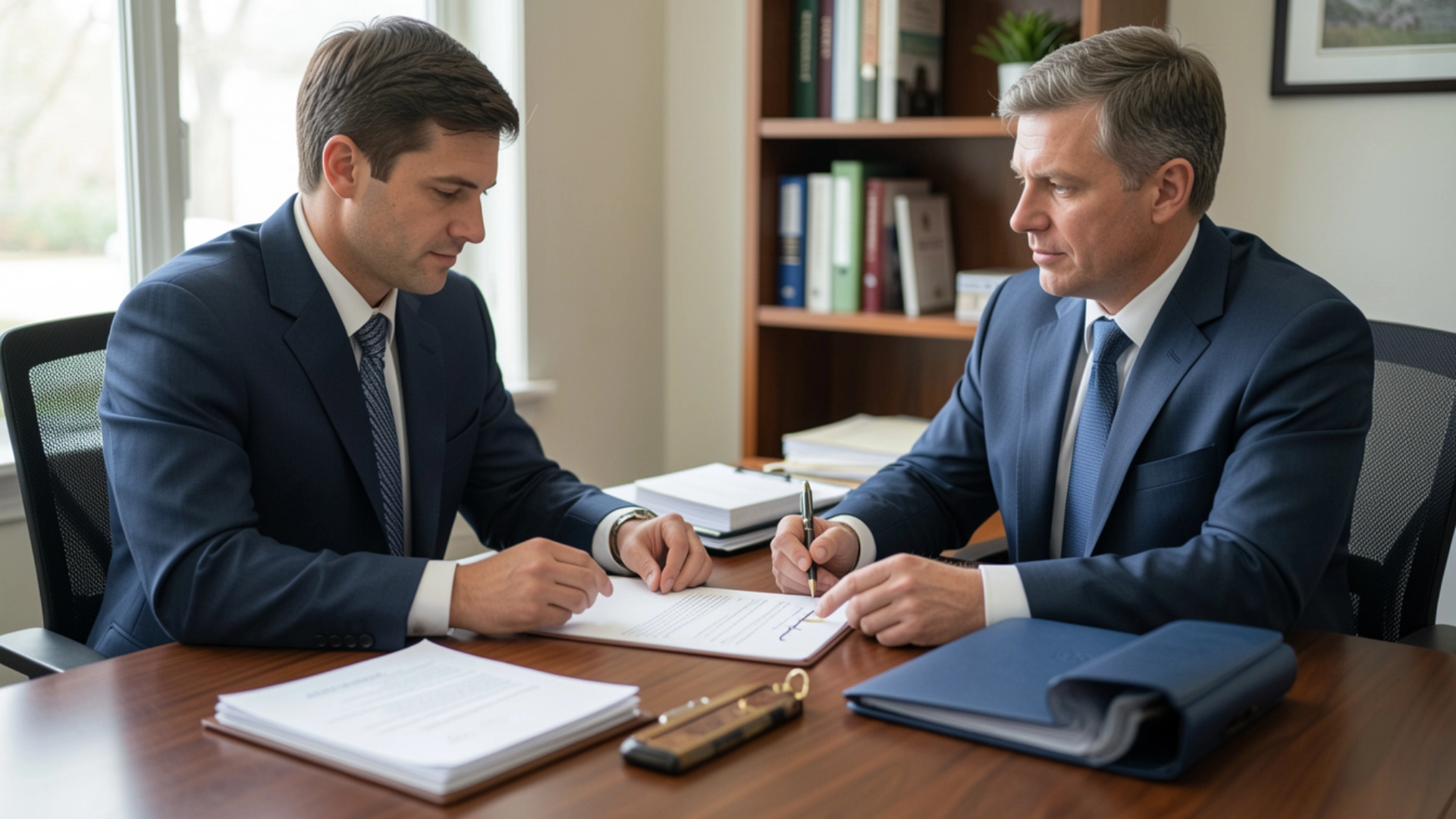 Two men in suits seated at a table carefully reviewing and signing legal documents.