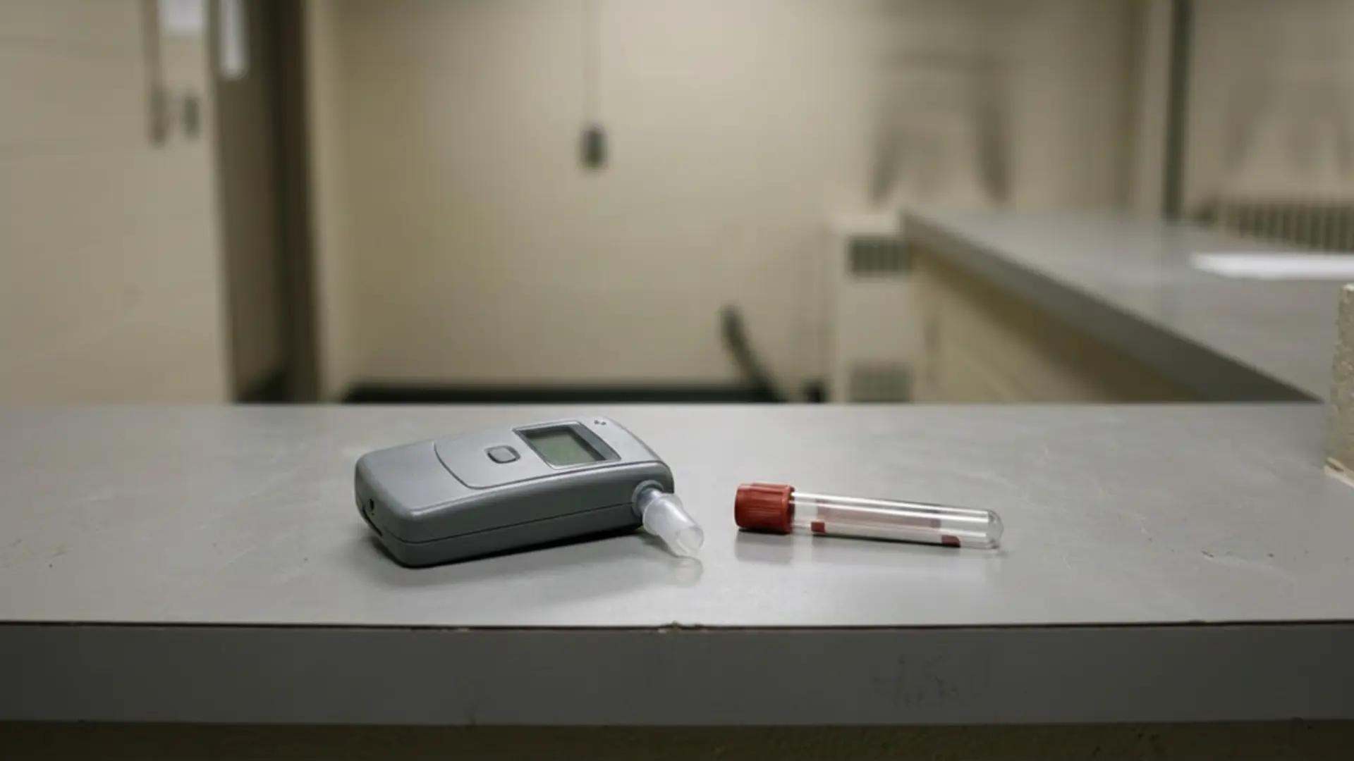 Portable breath-testing device and blood collection tube on a counter in an indoor processing area.