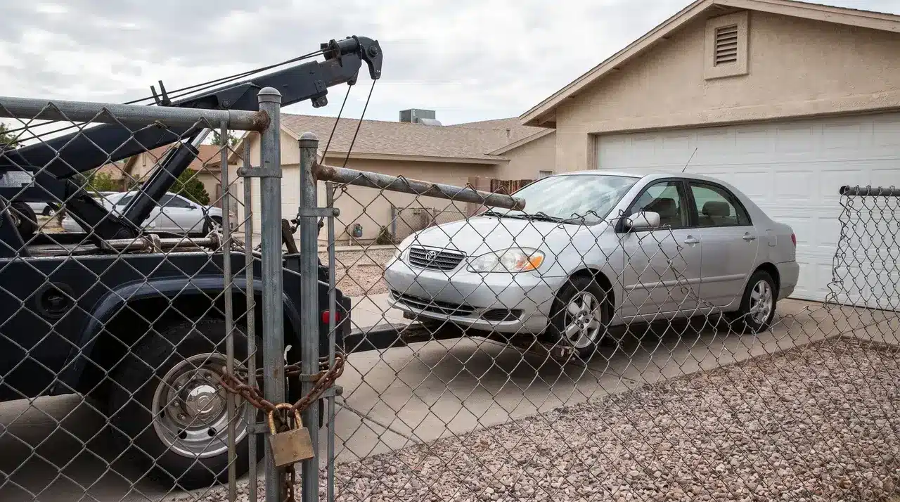 sedan hooked to a tow truck behind a padlocked chain-link gate in a driveway