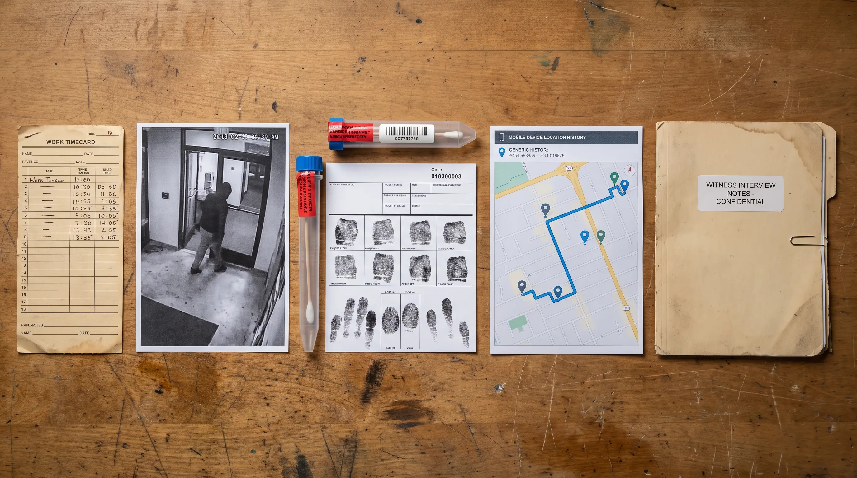 Alibi record, security footage, DNA sample, fingerprints, phone data, and witness file displayed as evidence.