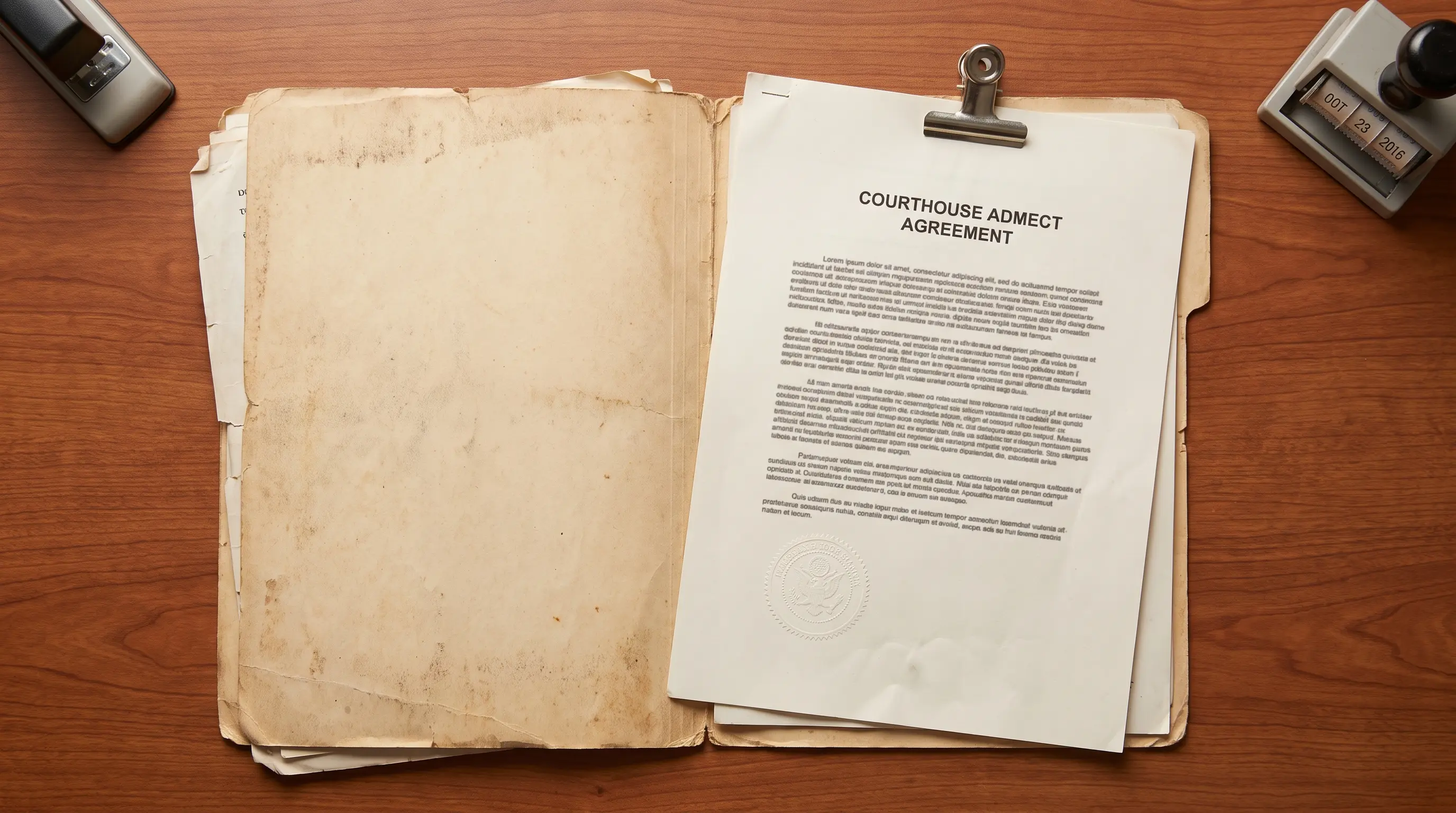 Original court file with a newer court order attached to its cover on a clerk&rsquo;s desk.
