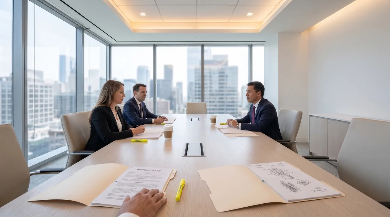 Corporate legal team reviewing insurance policy and patent documents in a modern conference room before filing for declaratory relief