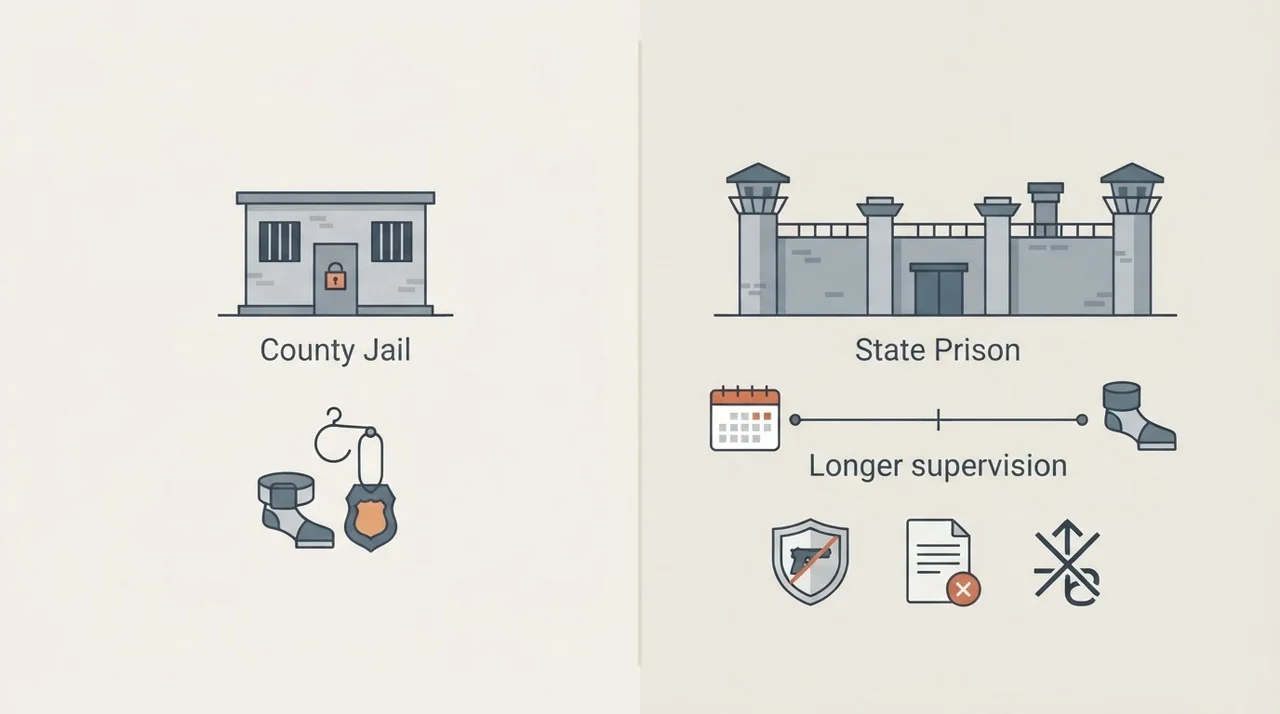 County jail and probation compared with state prison, longer supervision, and added felony restrictions