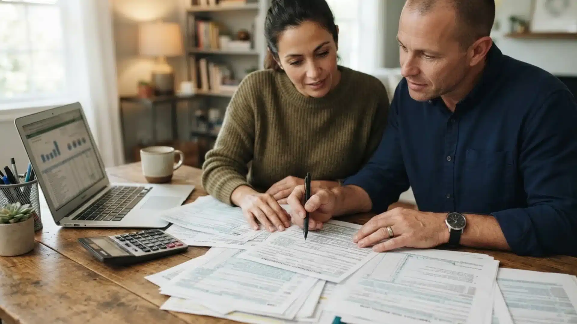 Couple seated at a desk filling out joint financial and tax documents with a laptop.