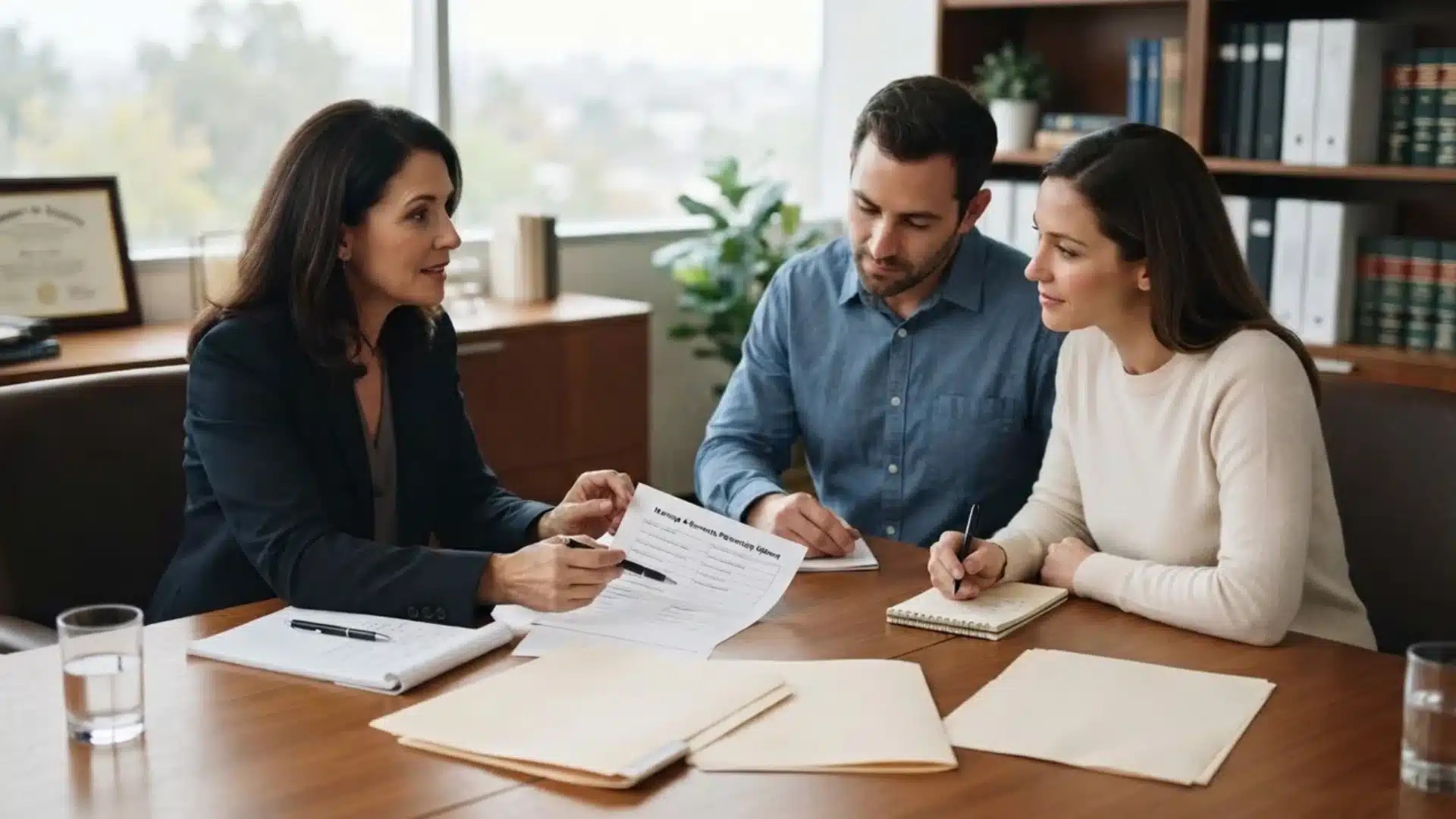 Couple sitting at a conference table reviewing legal documents with an attorney or advisor.