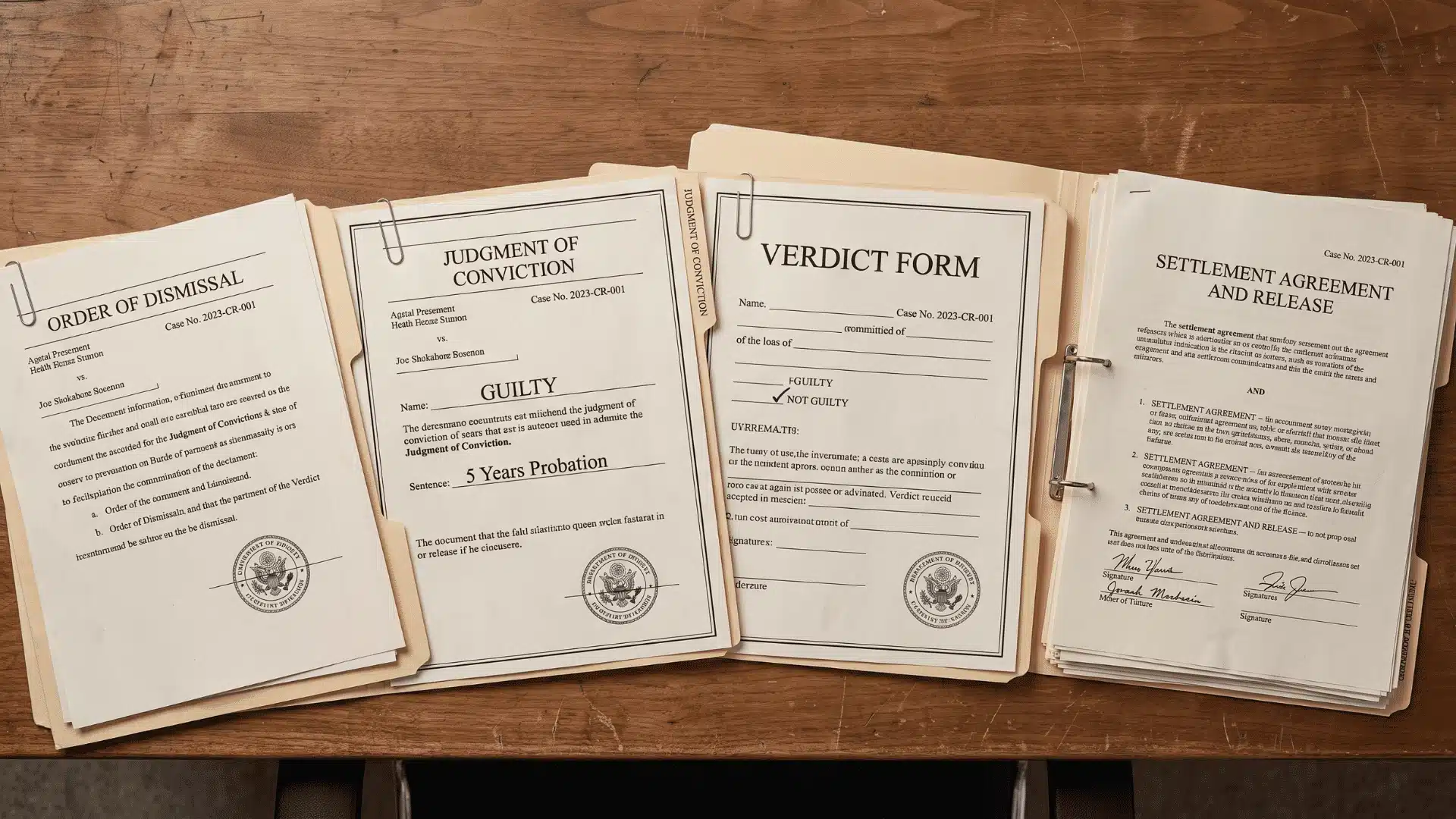 Court documents representing different case disposition outcomes