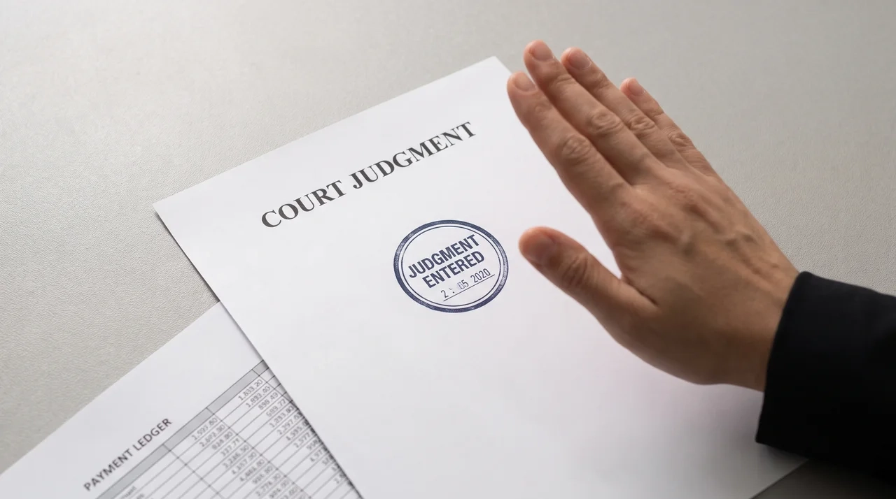 Court judgment document with a hand gesture indicating stop representing the enforcement limitations of a declaratory judgment ruling