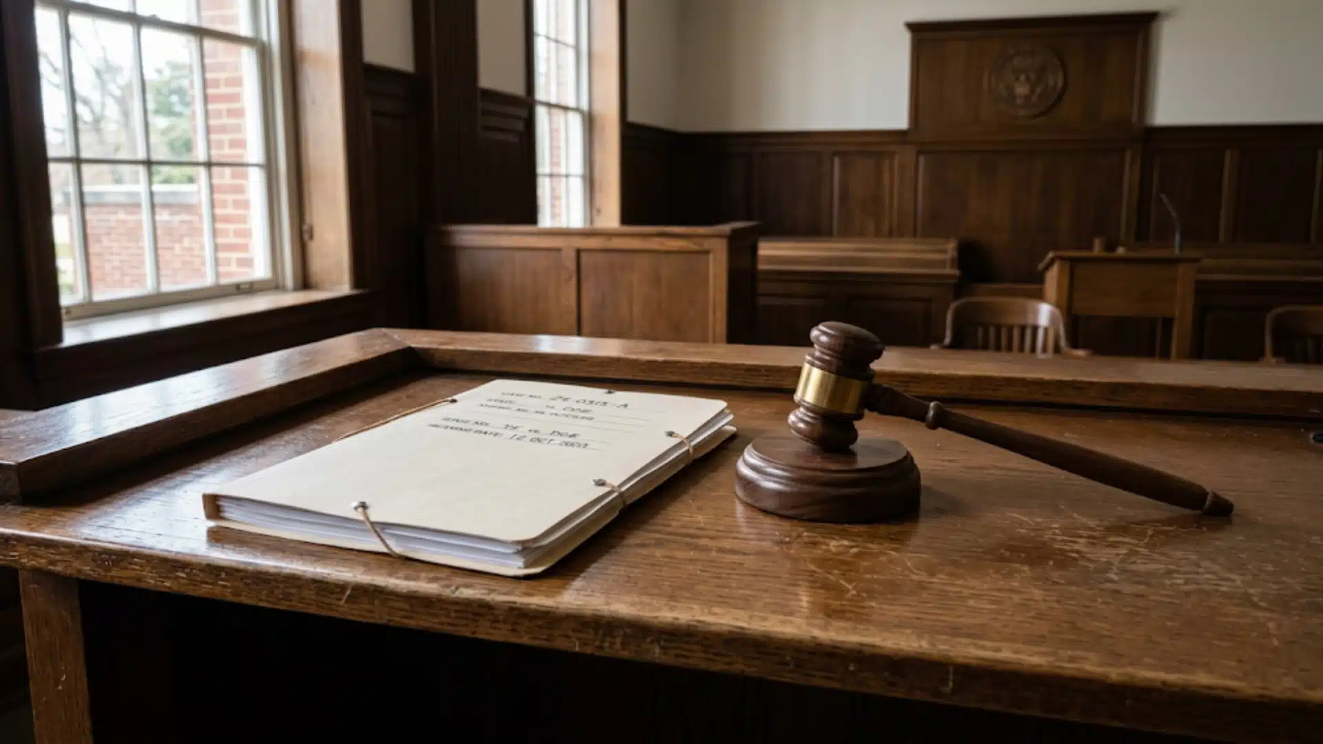 Wooden gavel and a legal case file sitting on a judge's desk inside a courtroom.