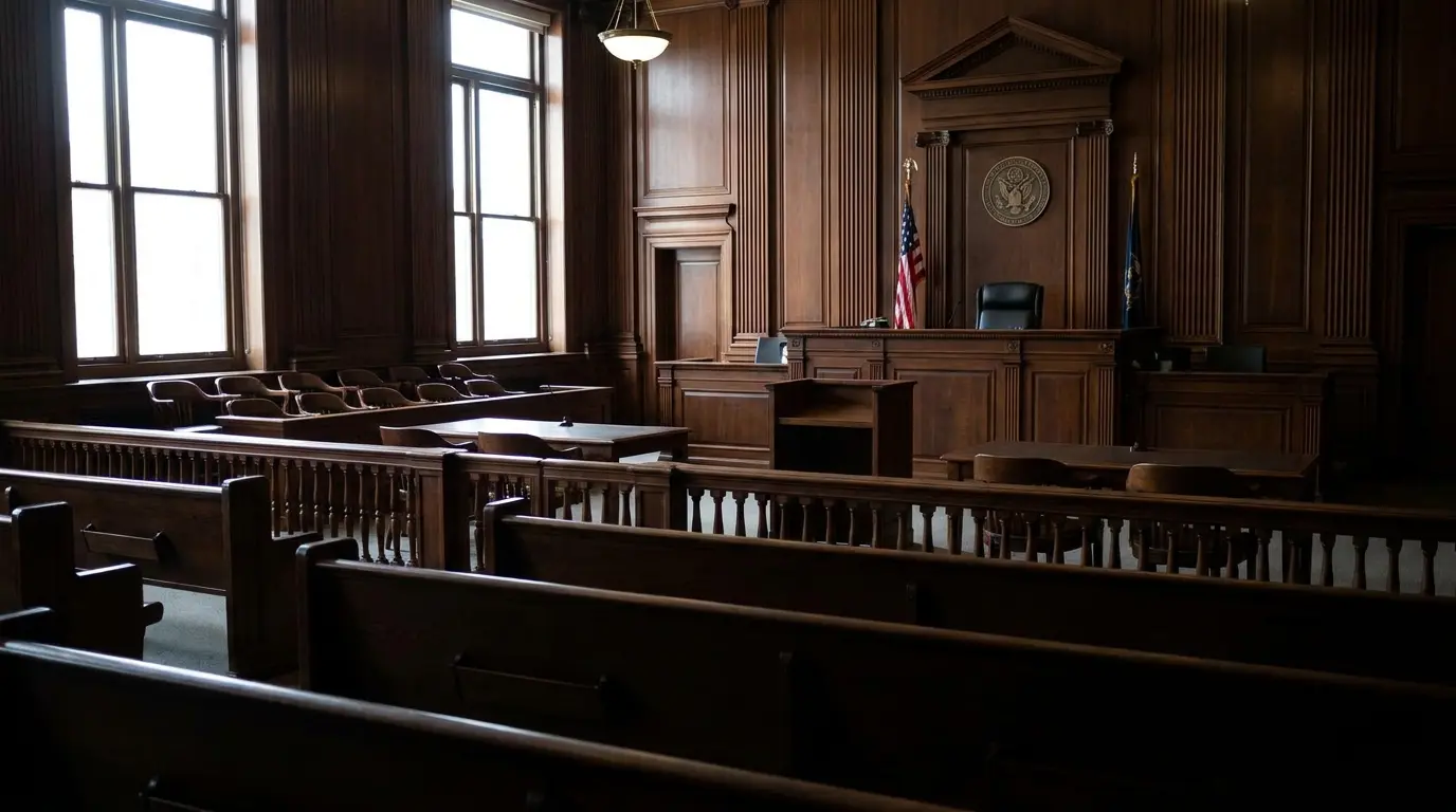 Empty American courtroom with wooden benches and judge’s bench representing homicide law