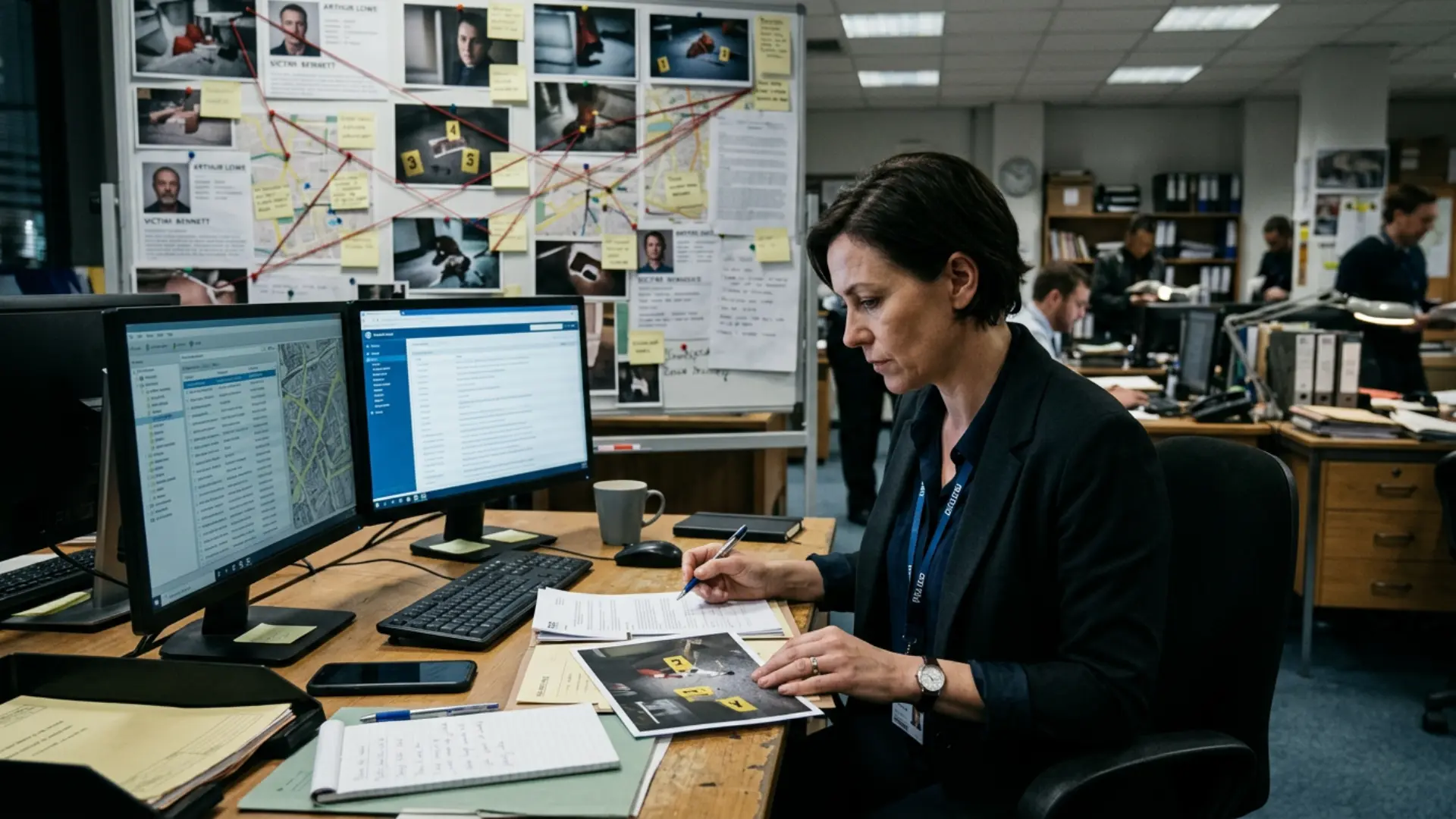 Detective reviewing evidence during a criminal investigation