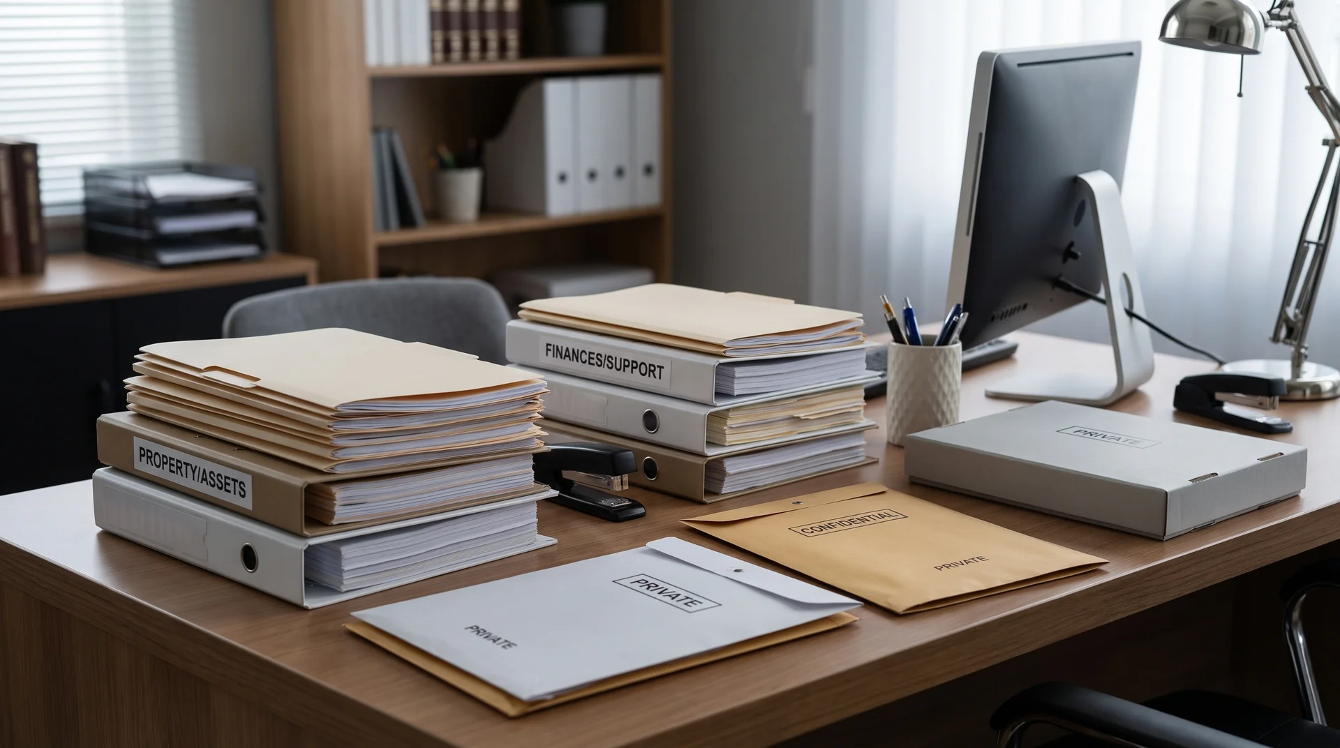 Divorce case files organized around property and finances with private marital documents kept separate