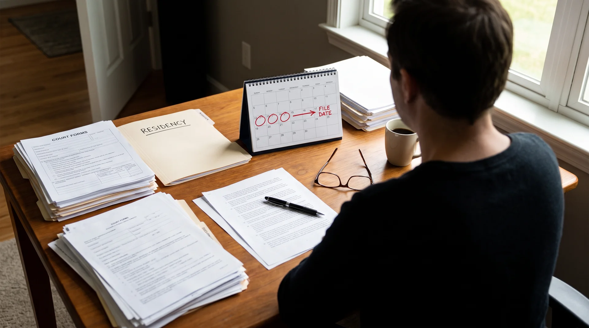 Divorce filing documents, residency paperwork, and a calendar showing preparation steps.