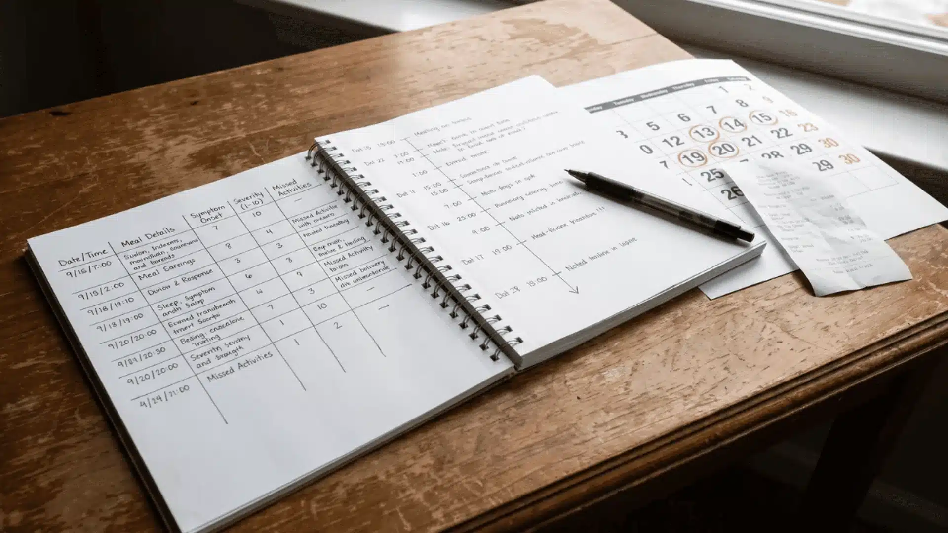 Notebook timeline tracking symptoms, meals, and illness details