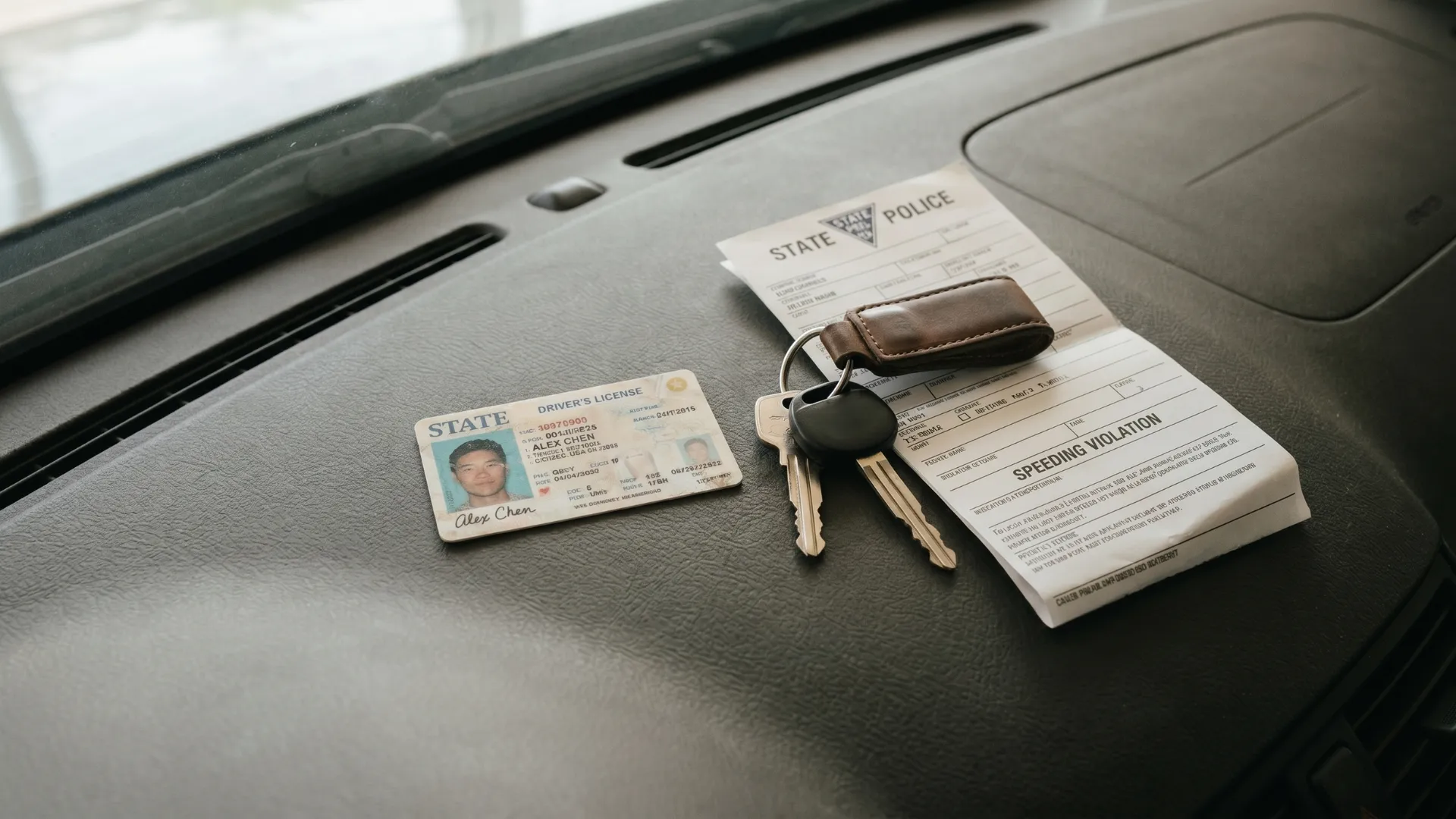 Driver license car keys and speeding ticket on a dashboard