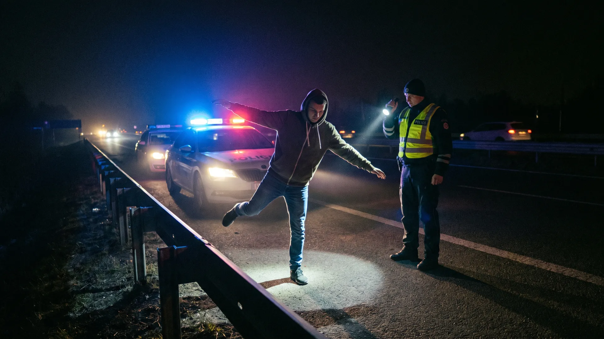 Driver performing a field sobriety test during a nighttime DUI stop